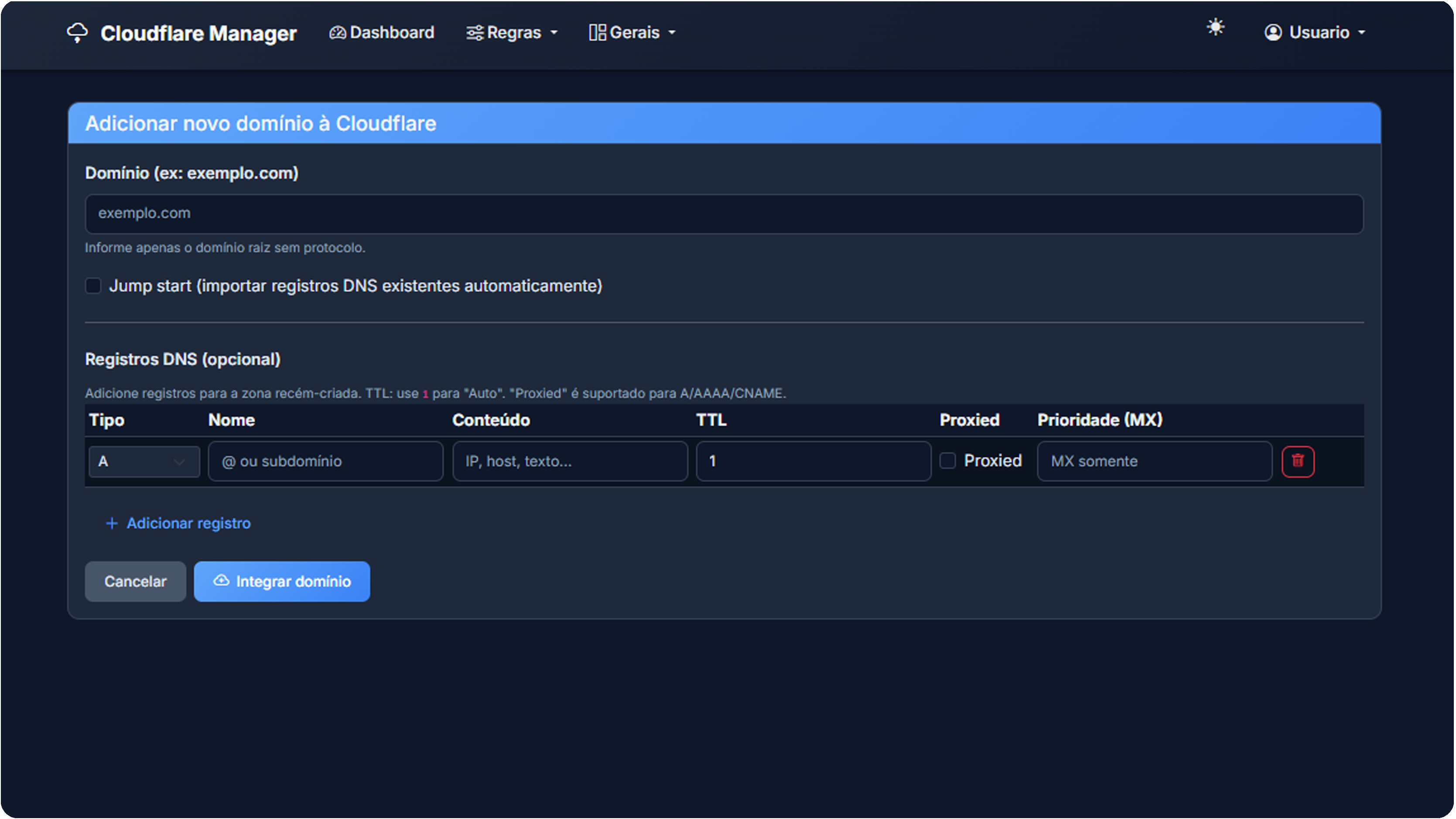 Lista de domínios com ações