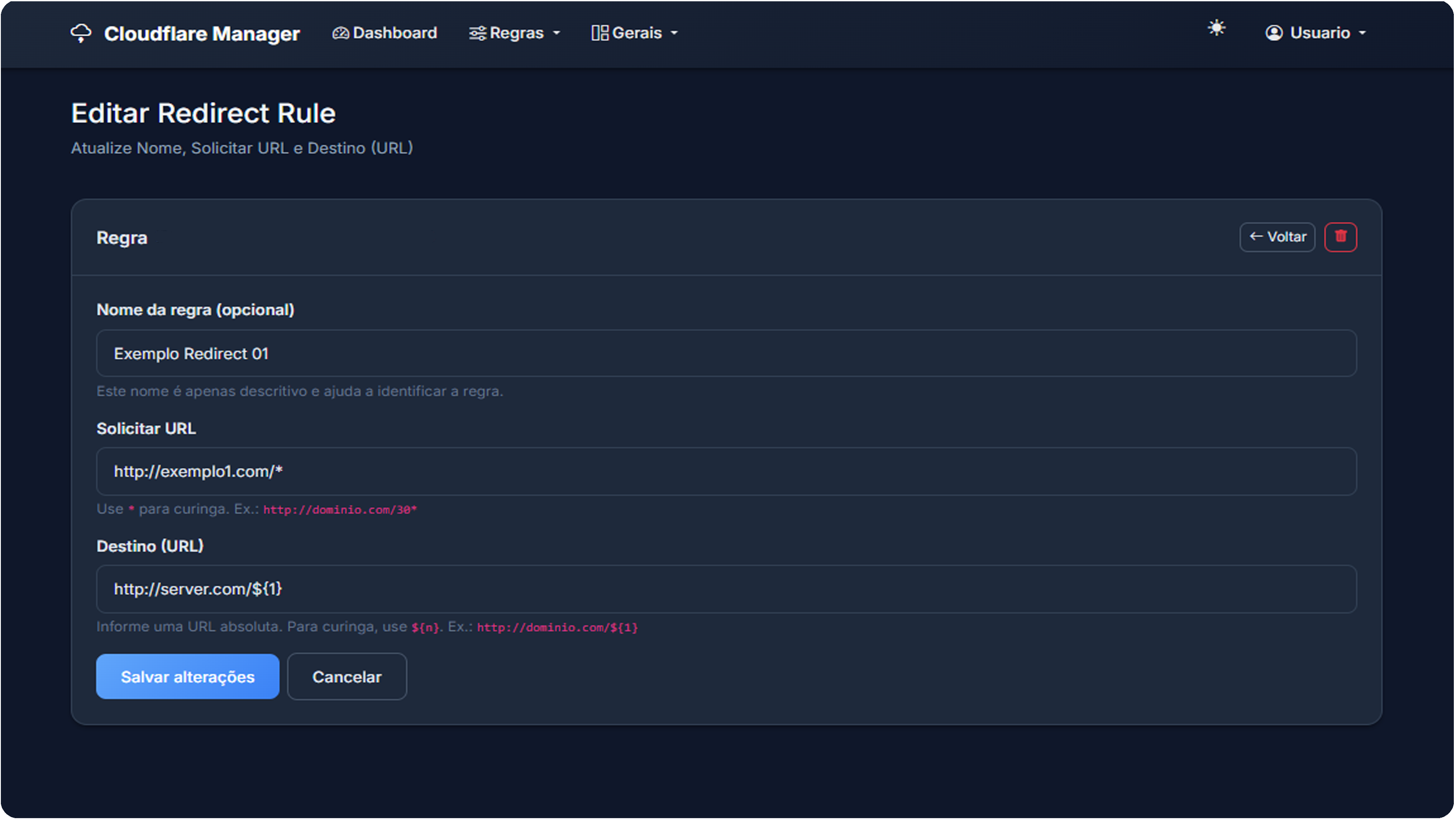 Exemplo de regras de redirecionamento